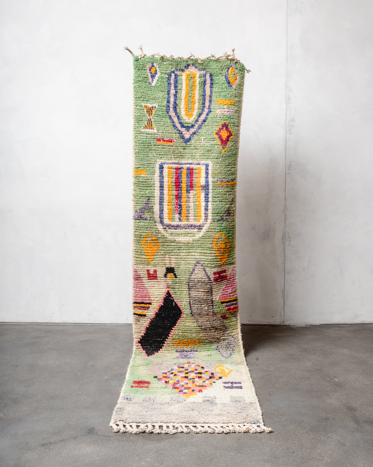 Modern, designer, handcrafted Berber rug from Morocco. Vintage carpet with beautiful colours and patterns and fluffy texture.